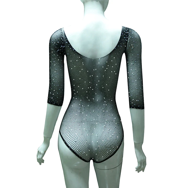 Seductive Lace Fishnet Rhinestone Bodysuit - Seductively Sexy Women's Intimate Wear