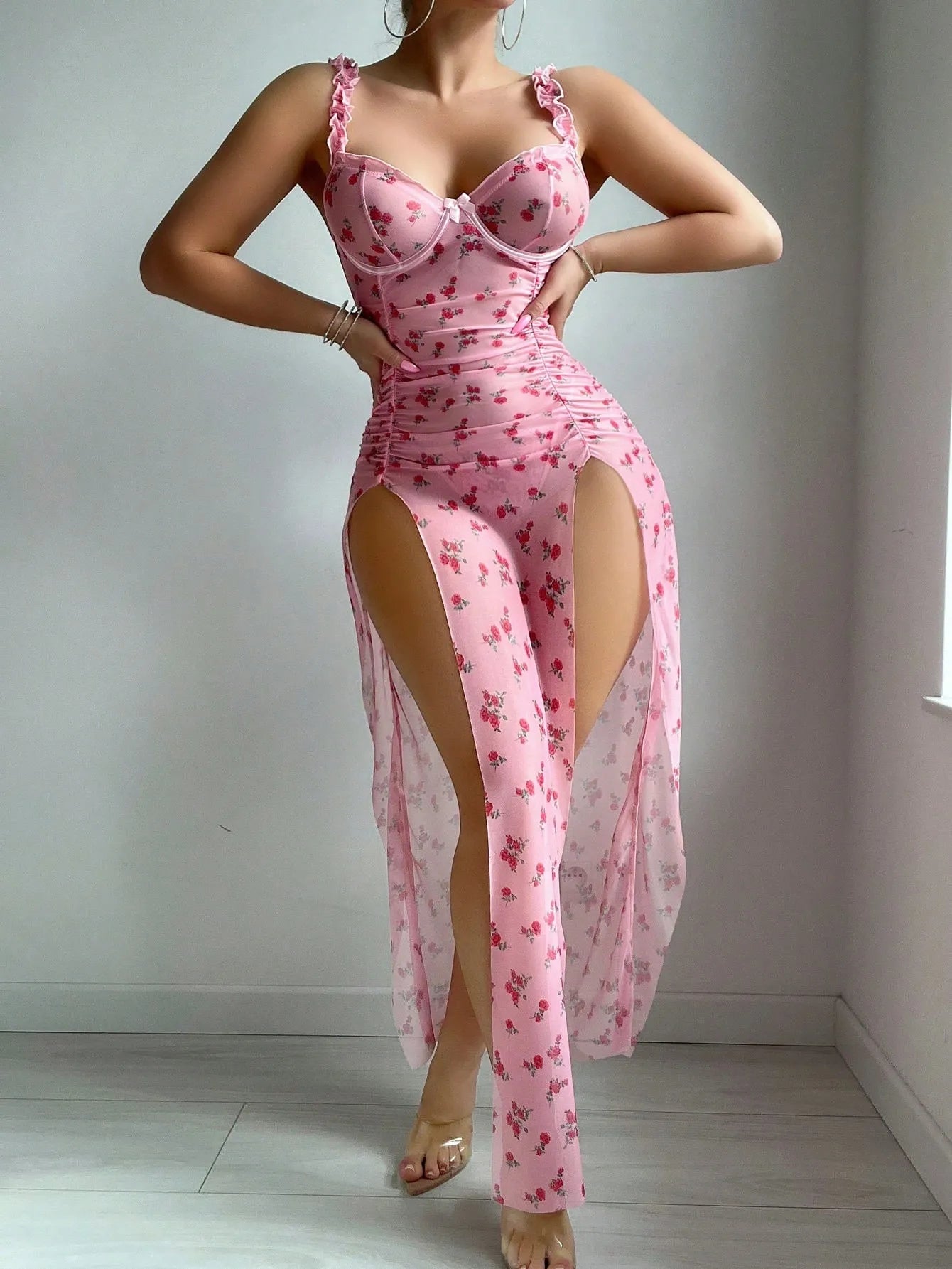 Petals Floral Long Dress Pure Desire High Split Night Dress