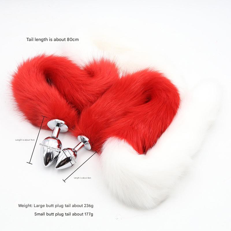Extra Long Faux Fur Tail with Metal Anal Plug - Playful Cosplay & Adult Novelty Accessory(White and red-small)