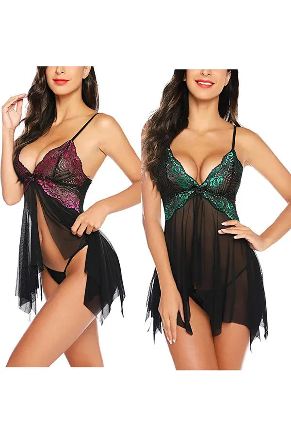V-Neck Lace & Mesh Front Closure Babydoll