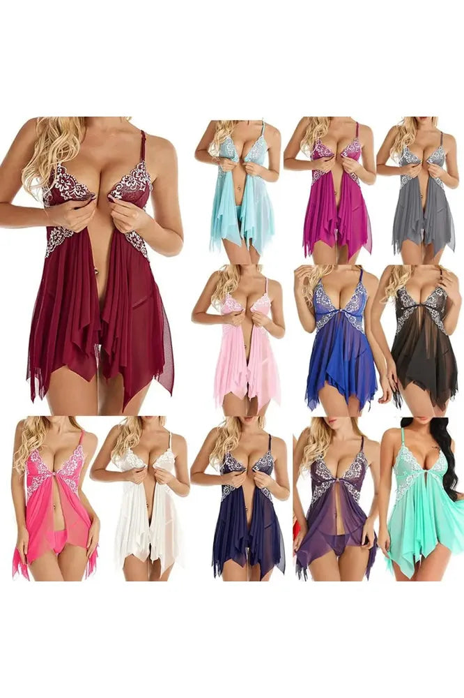 V-Neck Lace & Mesh Front Closure Babydoll