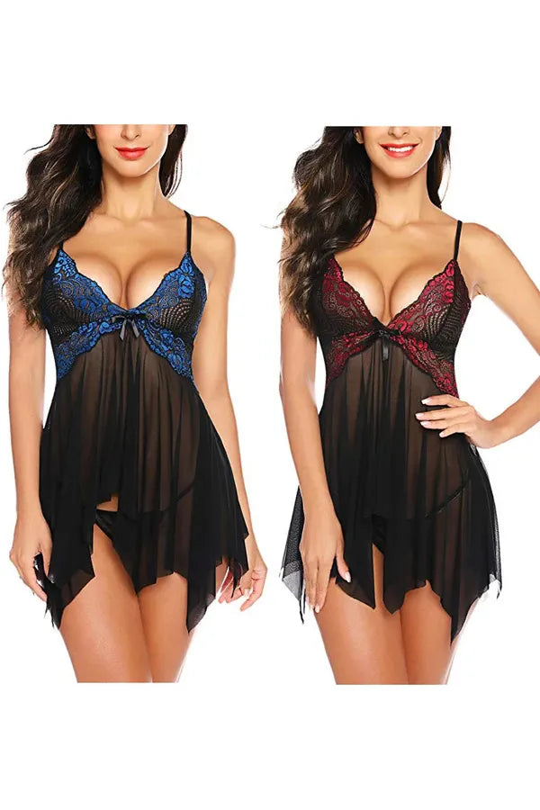 V-Neck Lace & Mesh Front Closure Babydoll
