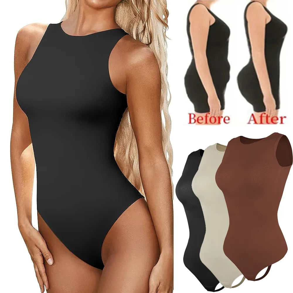 Sleeveless Scoop Neck Women's Thong Bodysuit with Tummy Control