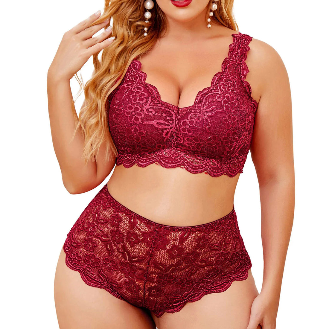 Seductive Women's Lace Bra Set with Deep V-Neck and High Waist Thong