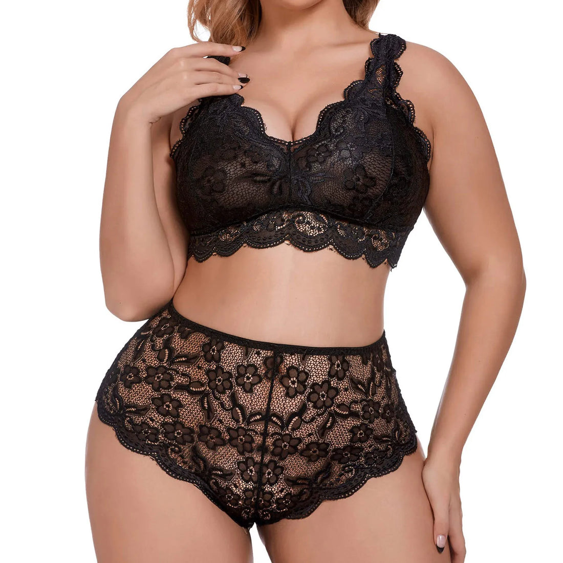 Seductive Women's Lace Bra Set with Deep V-Neck and High Waist Thong