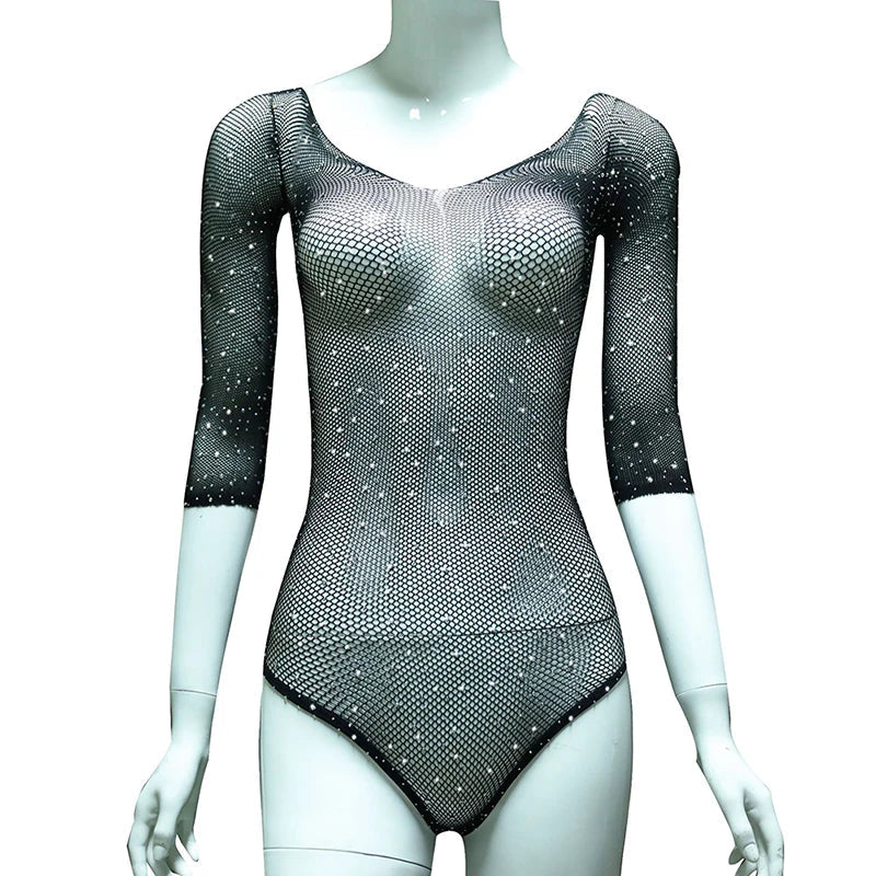 Seductive Lace Fishnet Rhinestone Bodysuit - Seductively Sexy Women's Intimate Wear
