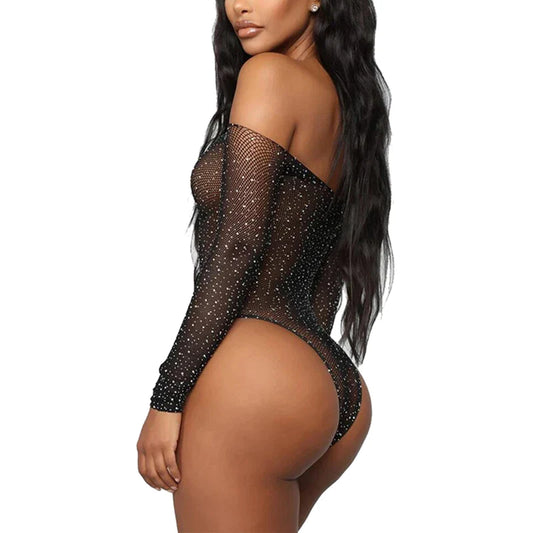 Seductive Lace Fishnet Rhinestone Bodysuit - Seductively Sexy Women's Intimate Wear