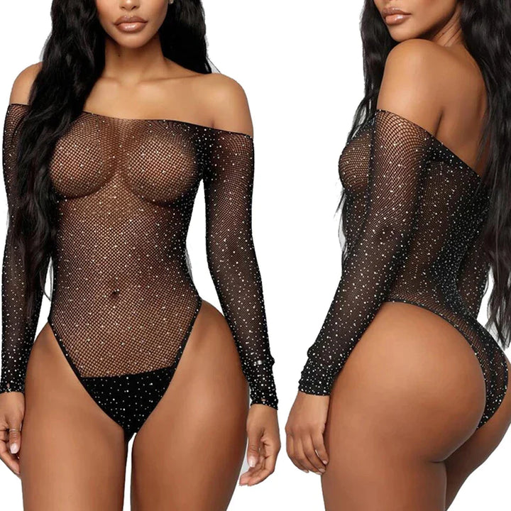 Seductive Lace Fishnet Rhinestone Bodysuit - Seductively Sexy Women's Intimate Wear