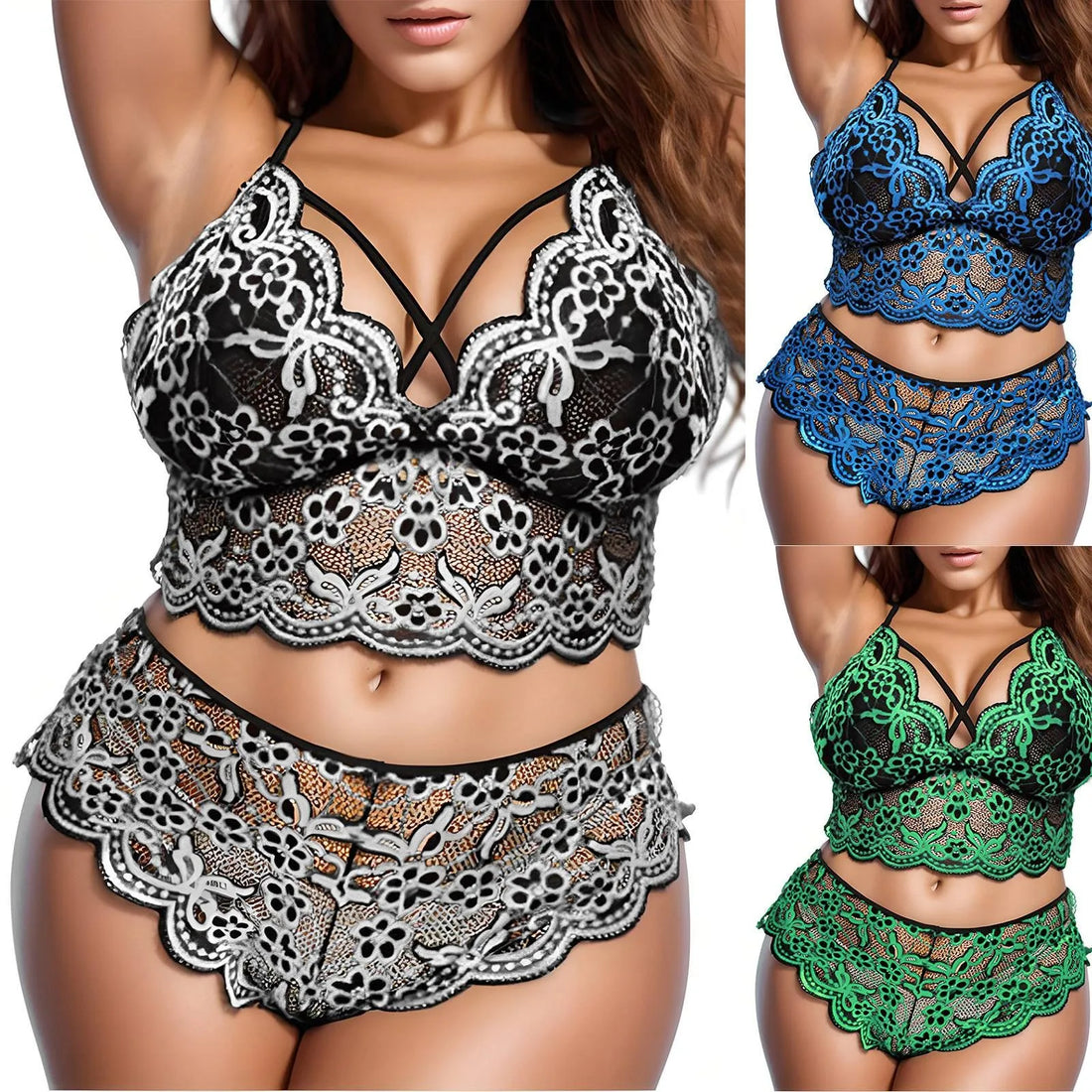 Lace Embroidered Plus Size Lingerie Set with Briefs