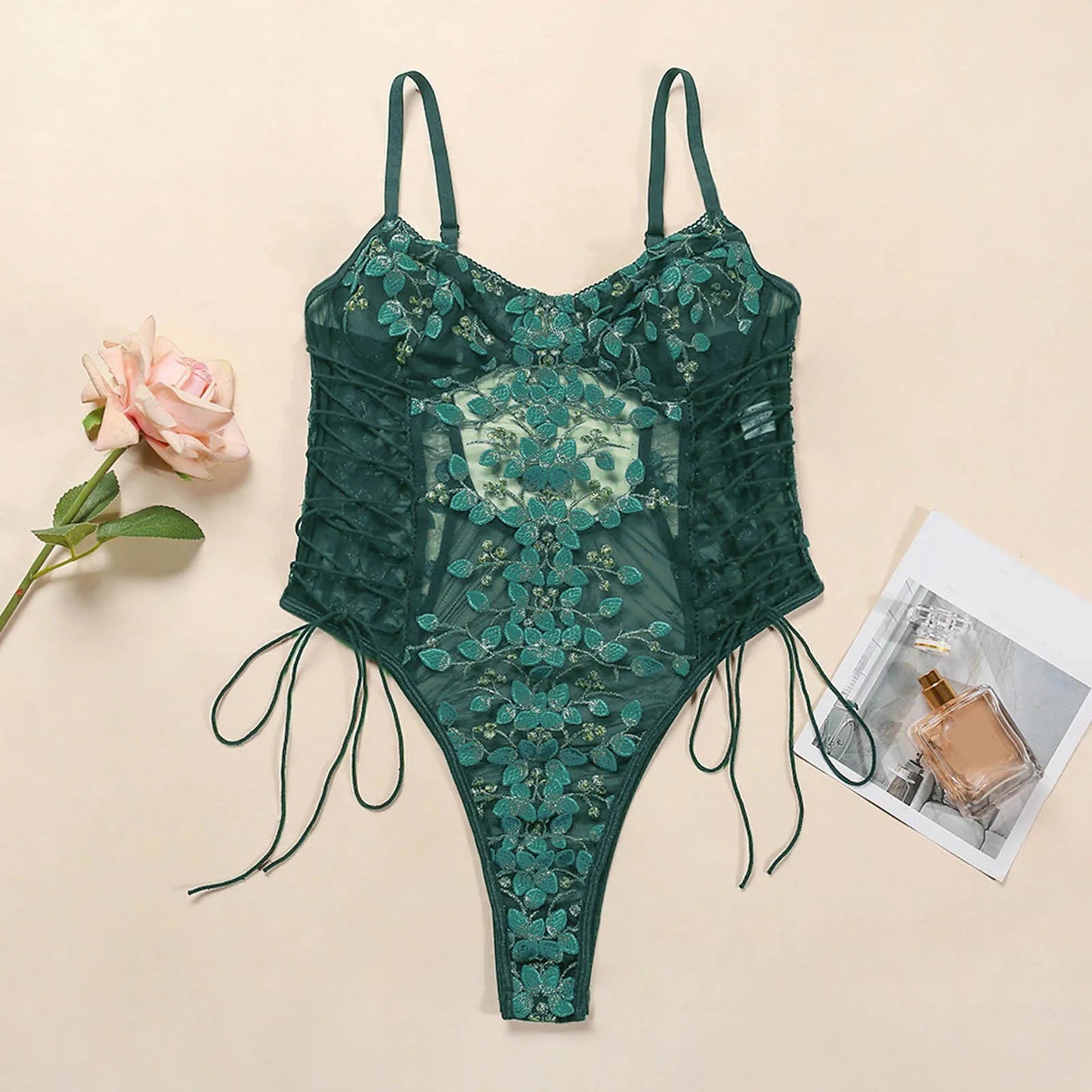 Lace Up Floral Embroidery Bodysuit for Women with Transparent Mesh Insets